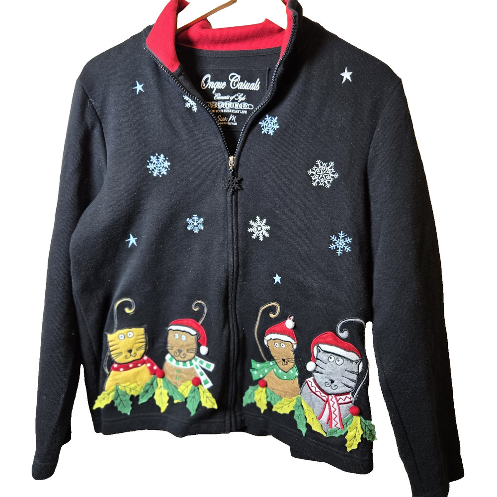 Onque Casuals Christmas Full Zip Black Sweater Medium Festive Cats and Snowflake